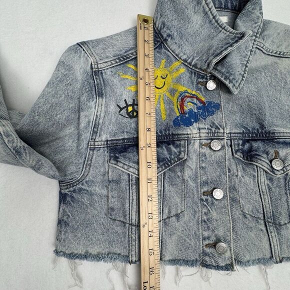 Pacsun Crop Denim Jacket Medium Graffiti Skater Distressed Painted Art Sun Peace - Picture 12 of 13